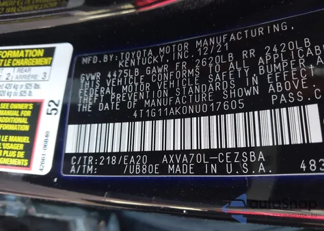 2022 Toyota Camry Se z USA, uszkodzony, nr VIN 4T1G11AK0NU017605
